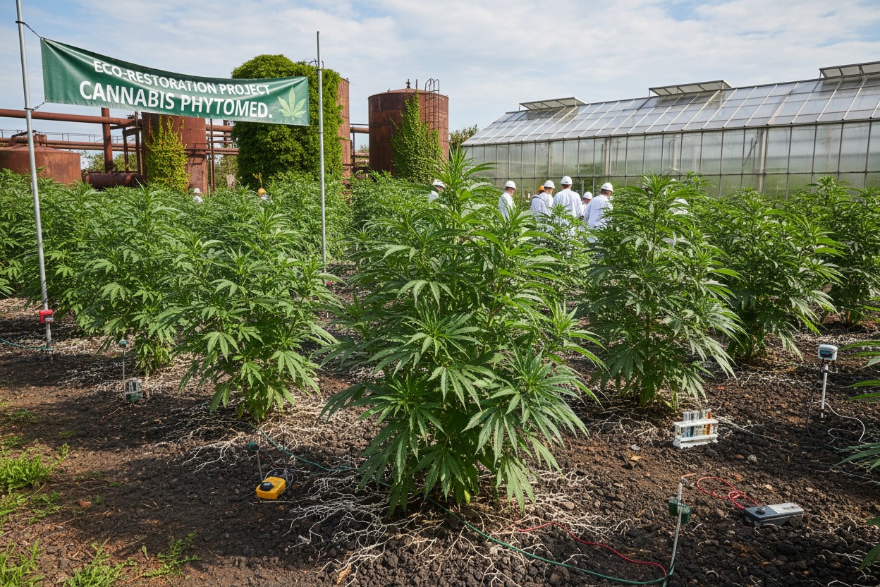 Un gruppo di ricercatori in camice bianco ispeziona piante di cannabis coltivate in un campo industriale nell'ambito di un progetto di fitorisanamento.